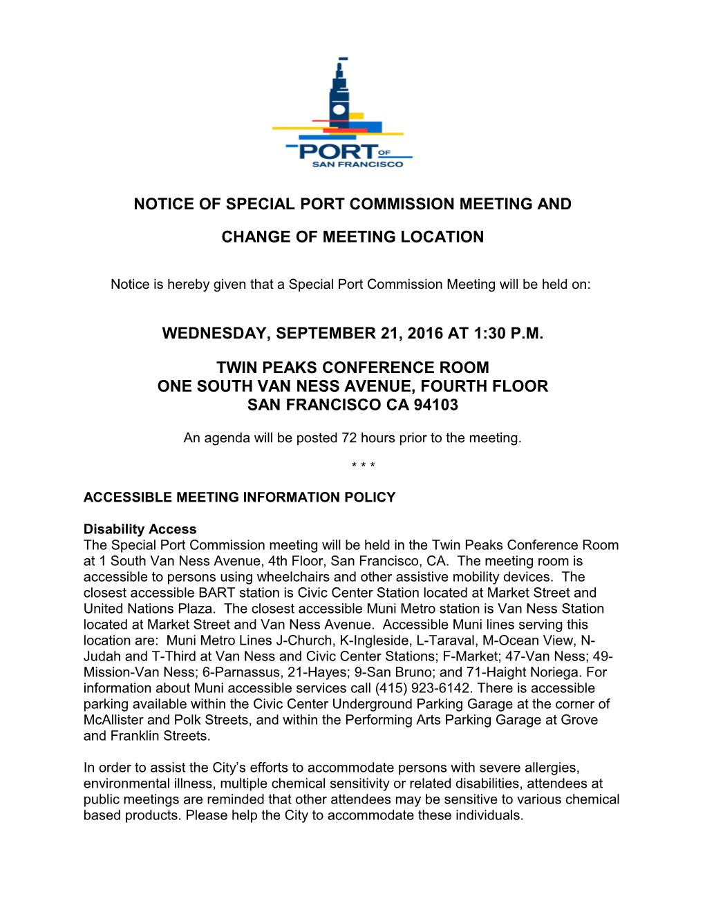 Notice of Special Port Commission Meeting And