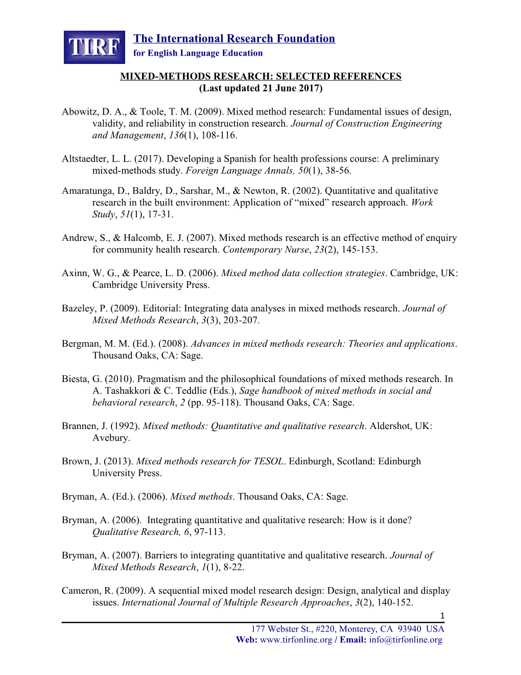 Mixed-Methods Research: Selected References