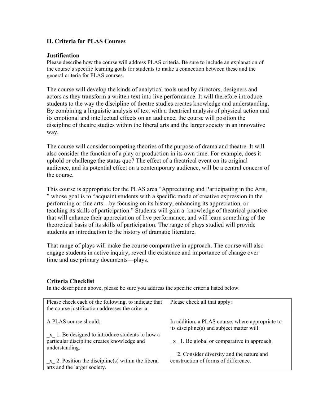 II. Criteria for PLAS Courses