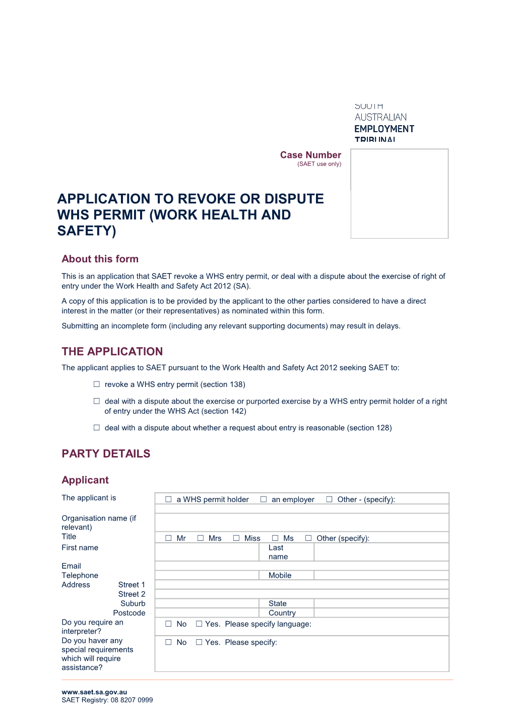 Application to Revoke Or Dispute WHS Permit (Work Health and Safety)