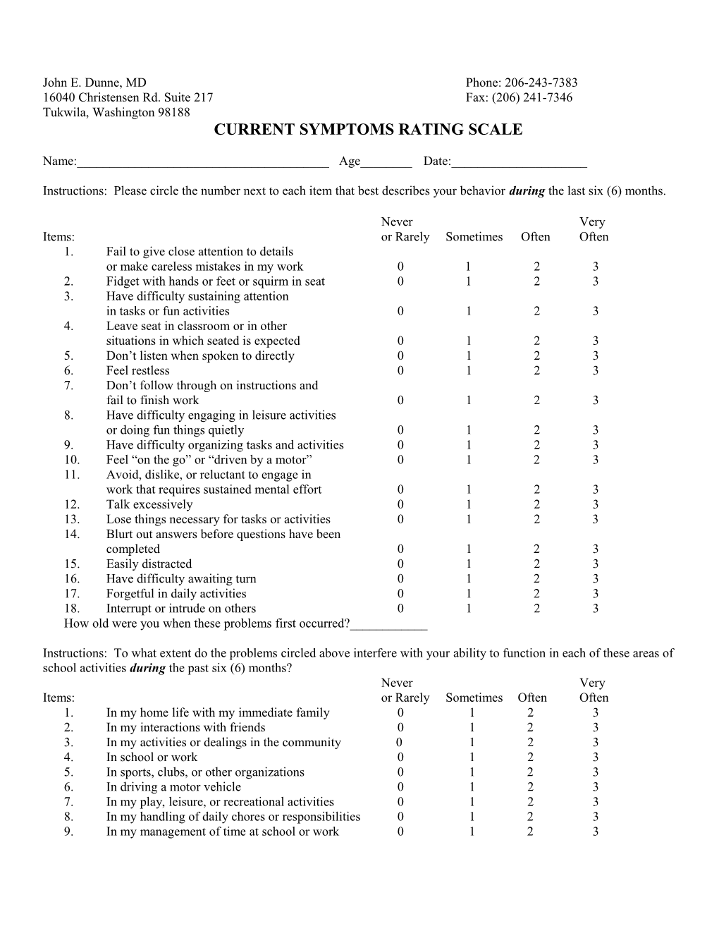 Current Symptoms Rating Scale