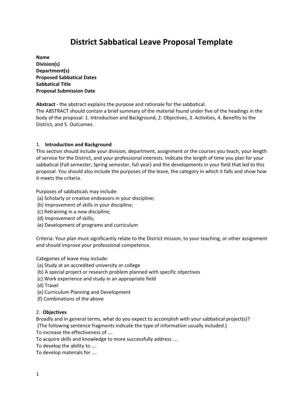 Districtsabbatical Leave Proposal Template