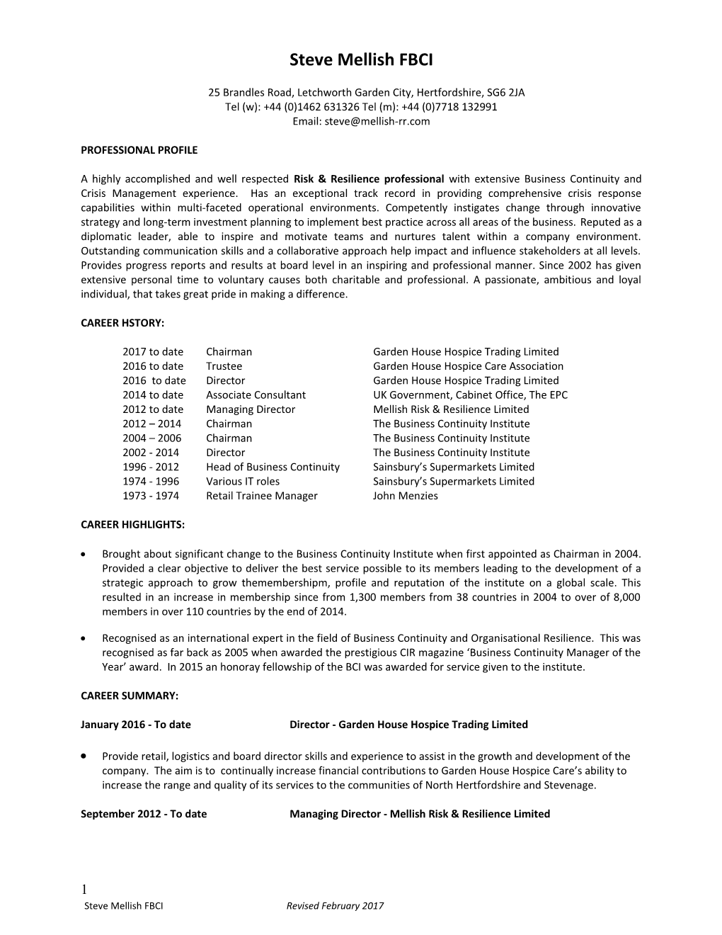 CV - Steve Mellish FBCI