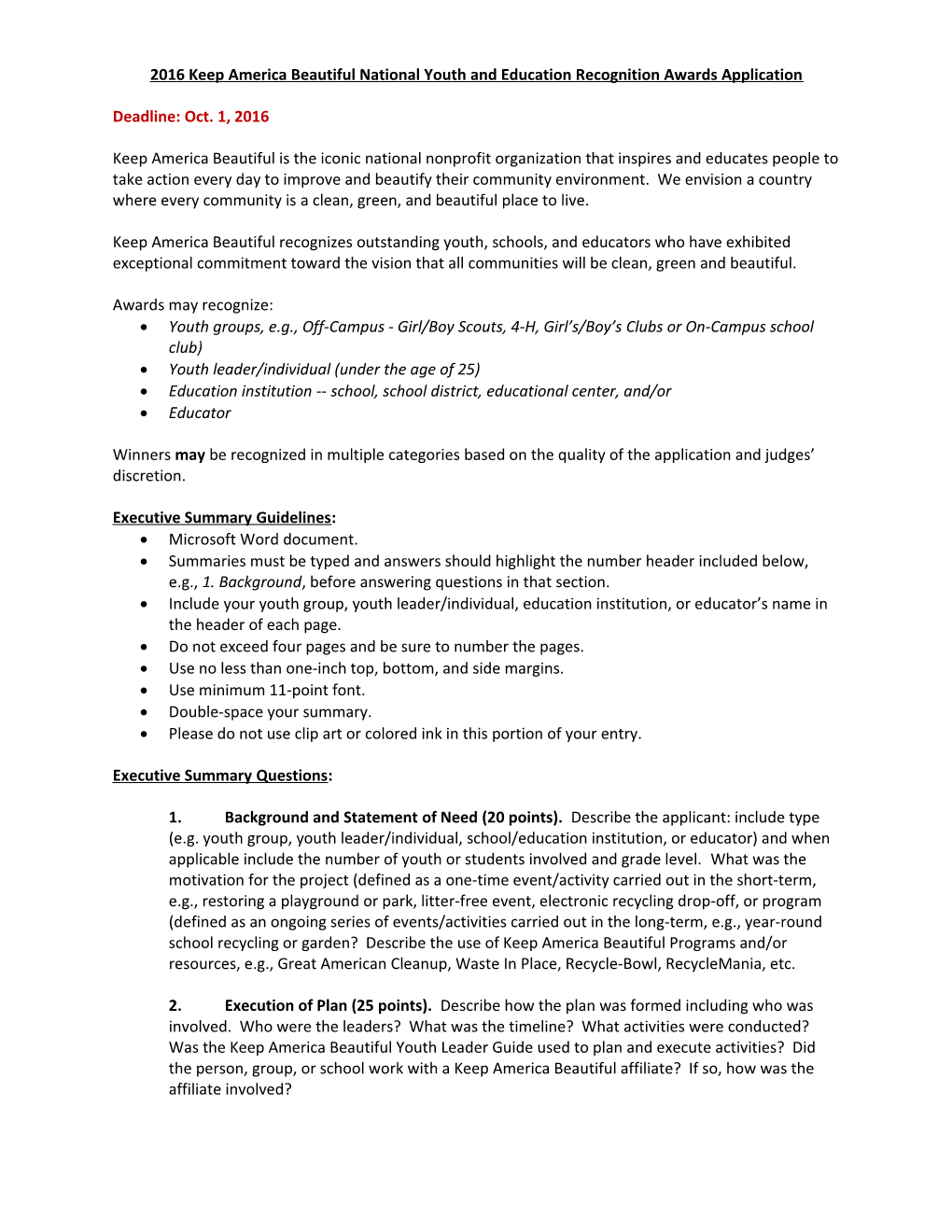 2016 Keep America Beautiful National Youth and Education Recognition Awards Application