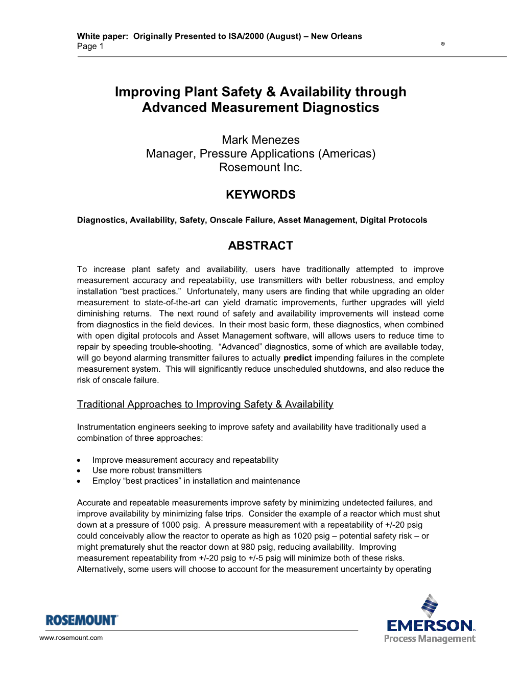 Improving Plant Safety & Availability Through Advanced Measurement Diagnostics