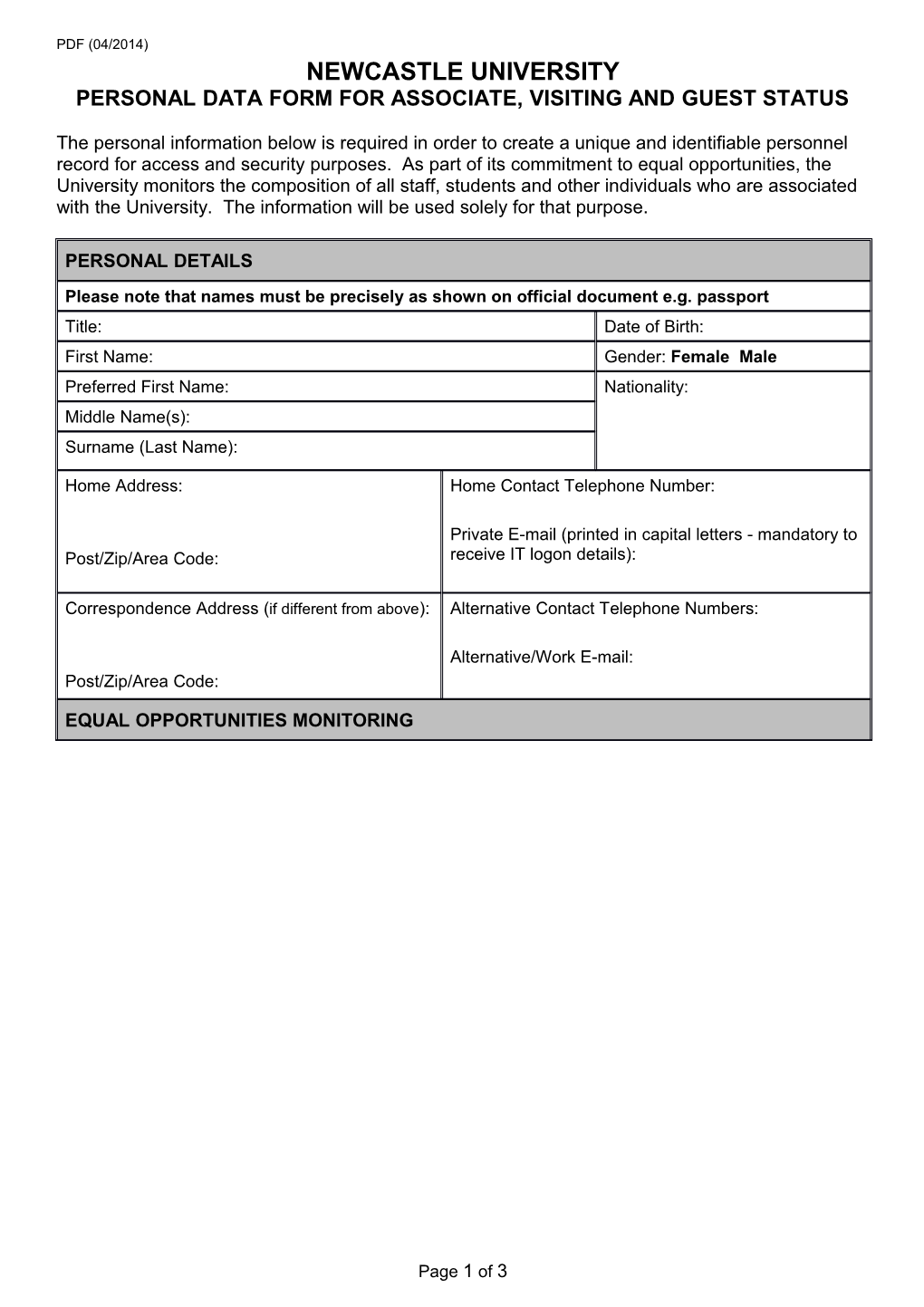 Personal Data Form for Associate, Visitingand Gueststatus