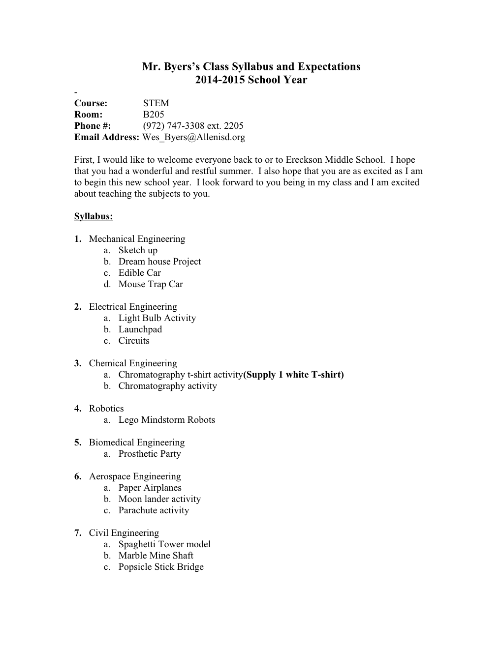 Mr. Byers S Class Syllabus and Expectations