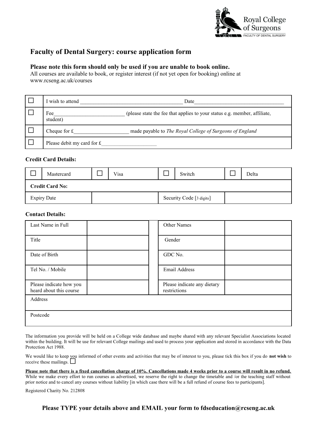Faculty of Dental Surgery: Course Application Form