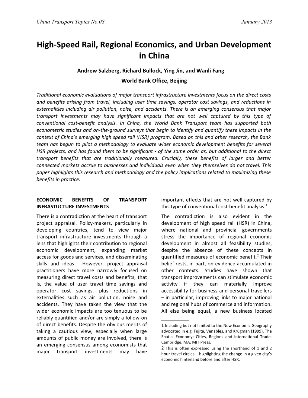 High-Speed Rail, Regional Economics, and Urban Development in China