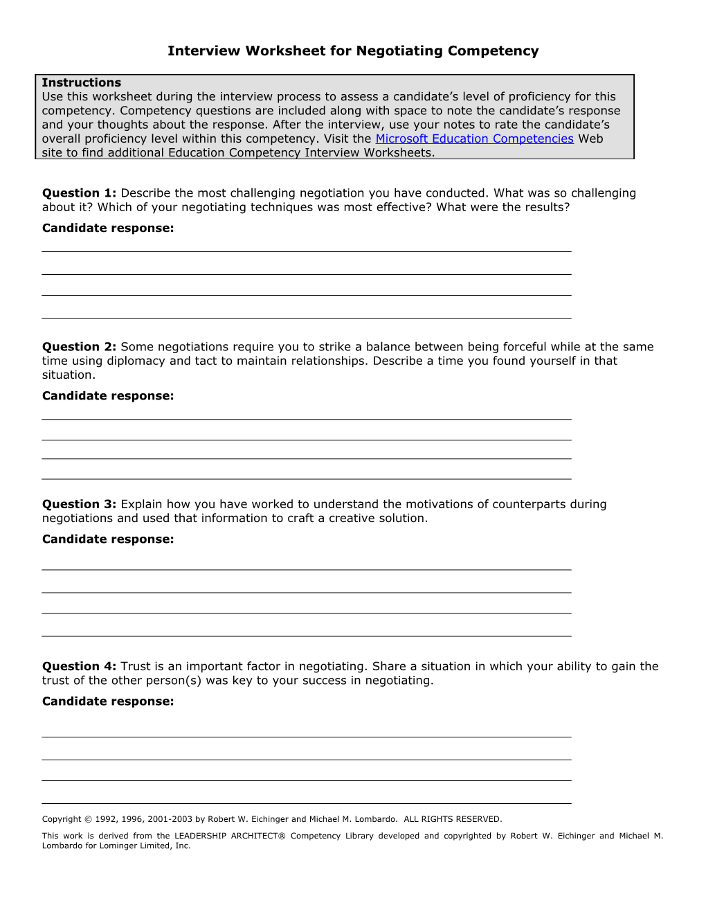 Interview Worksheet for Negotiating Competency