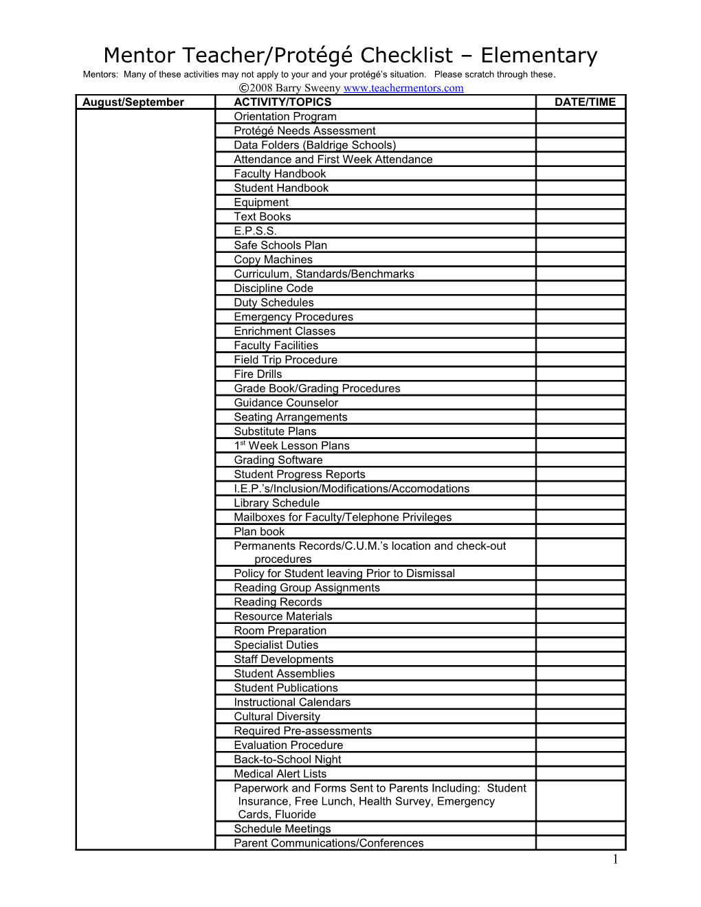 Mentor Teacher/Protégé Checklist