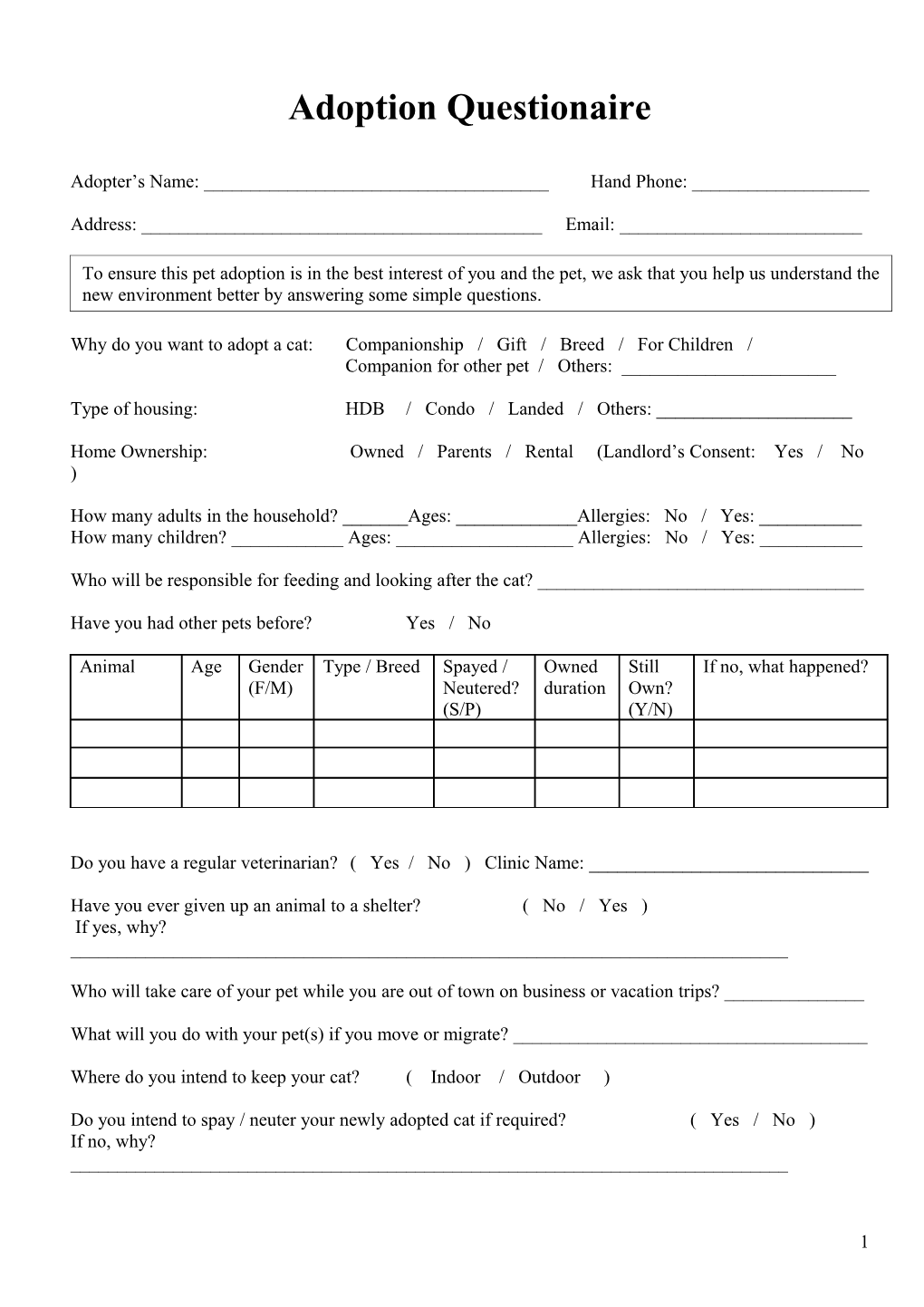 Adoption Questionaire