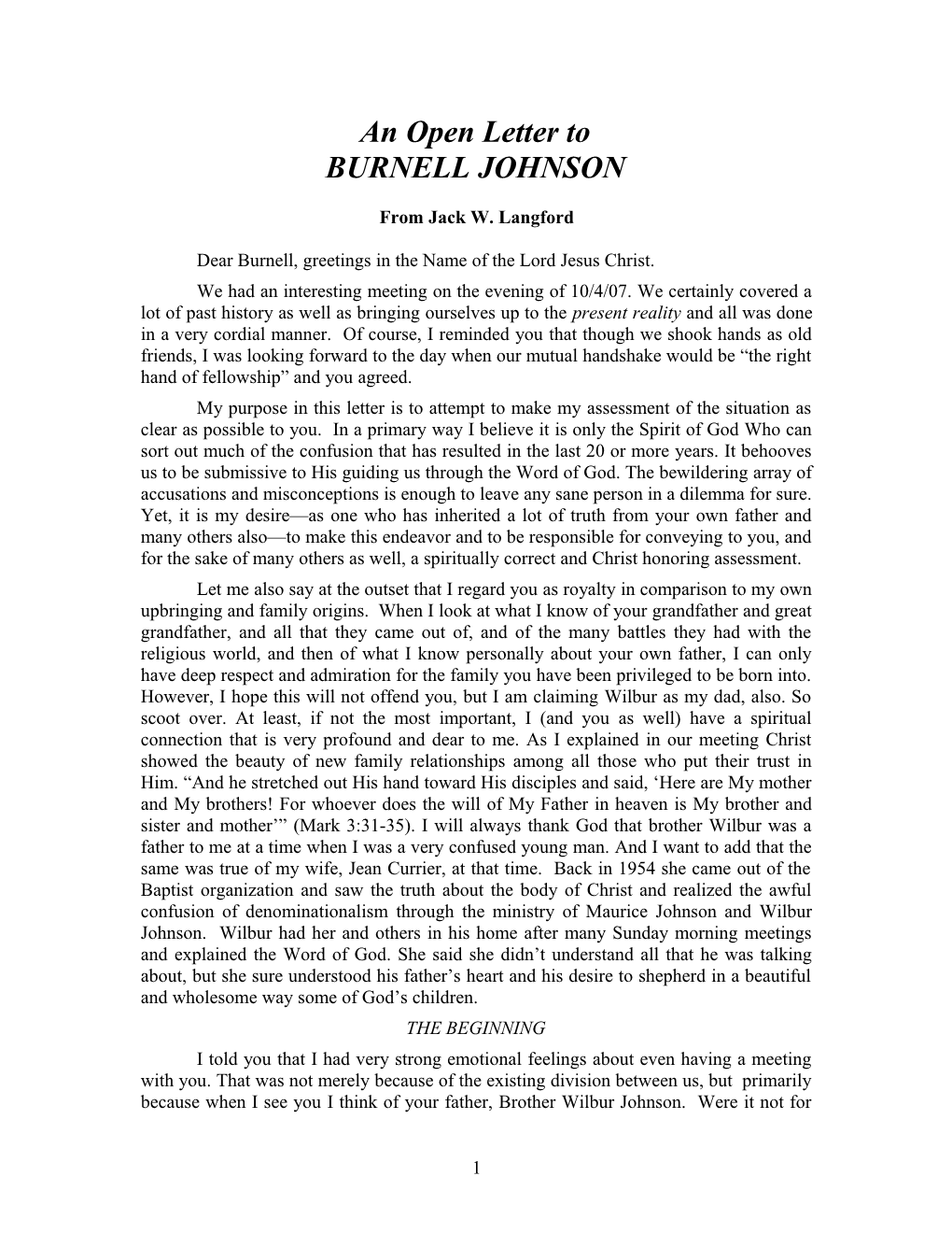 An Open Letter to Burnell Johnson by Jack Langford