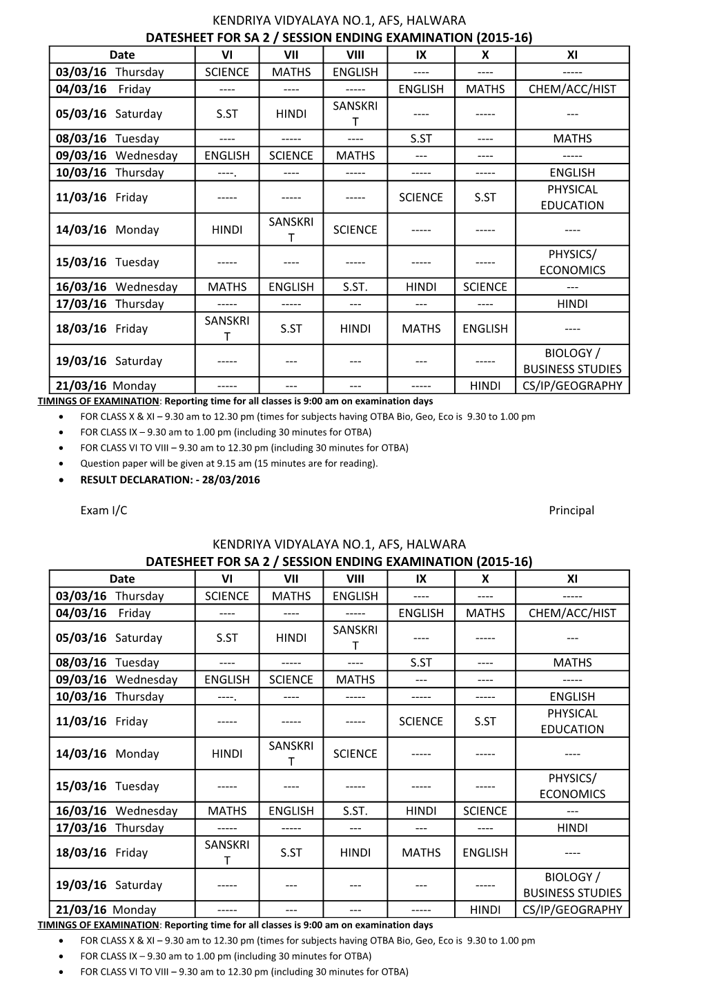 Datesheet for Sa2 /Session Ending Examination(2015-16)