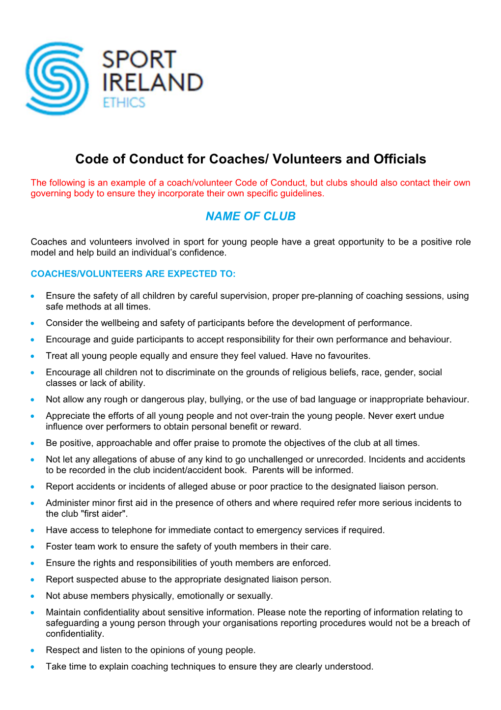 Code of Conduct for Coaches/ Volunteers and Officials