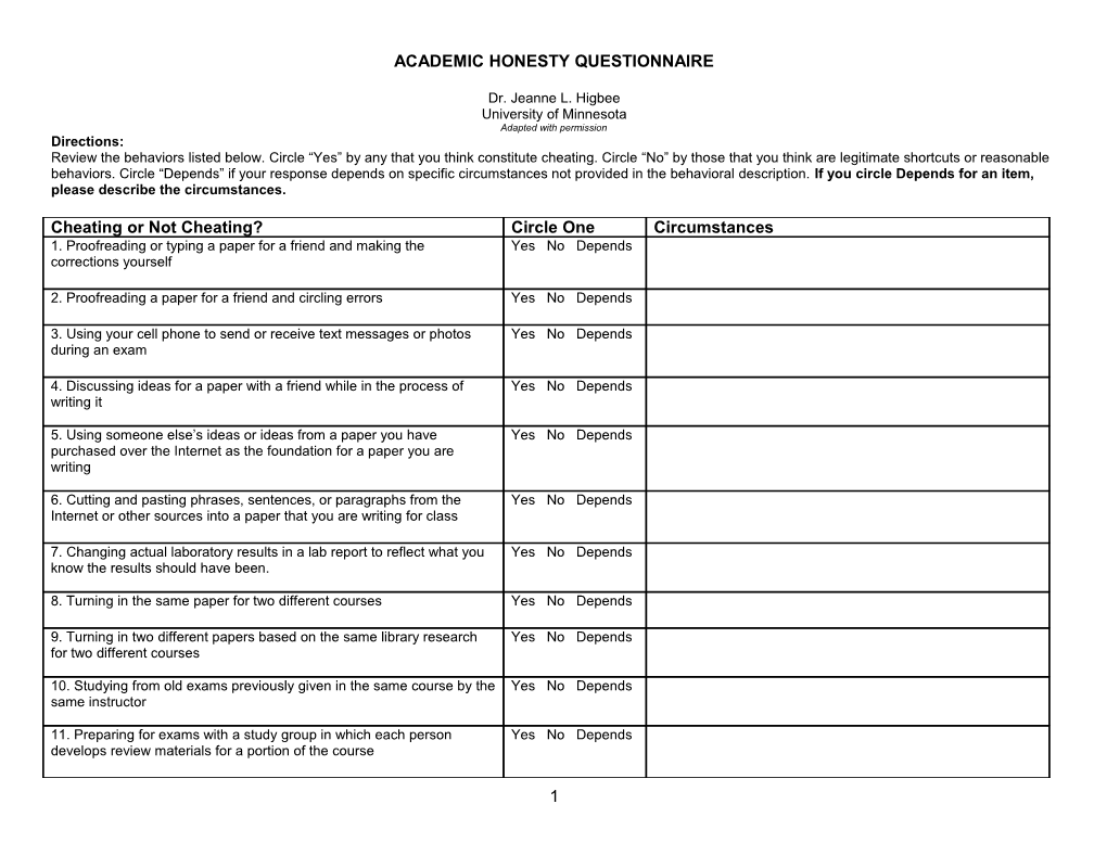 Academic Honesty Questionnaire
