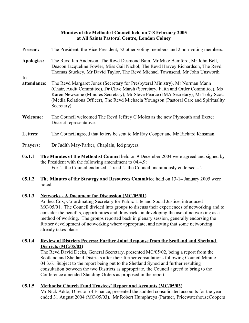 Minutes of the Methodist Council Held on 7-8 February 2005