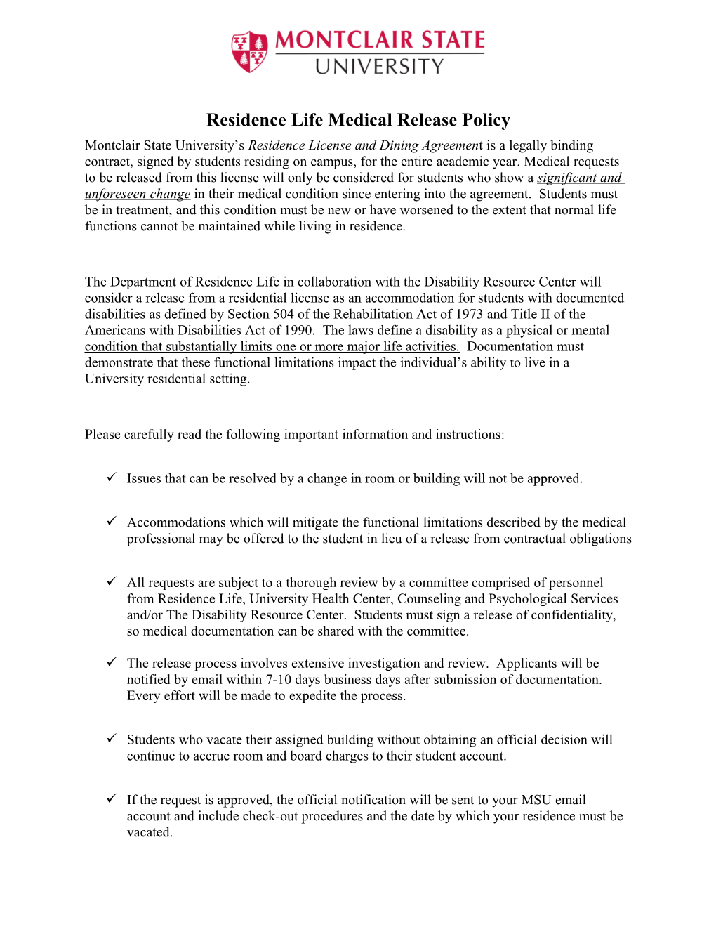 Residence Life Medical Release Policy