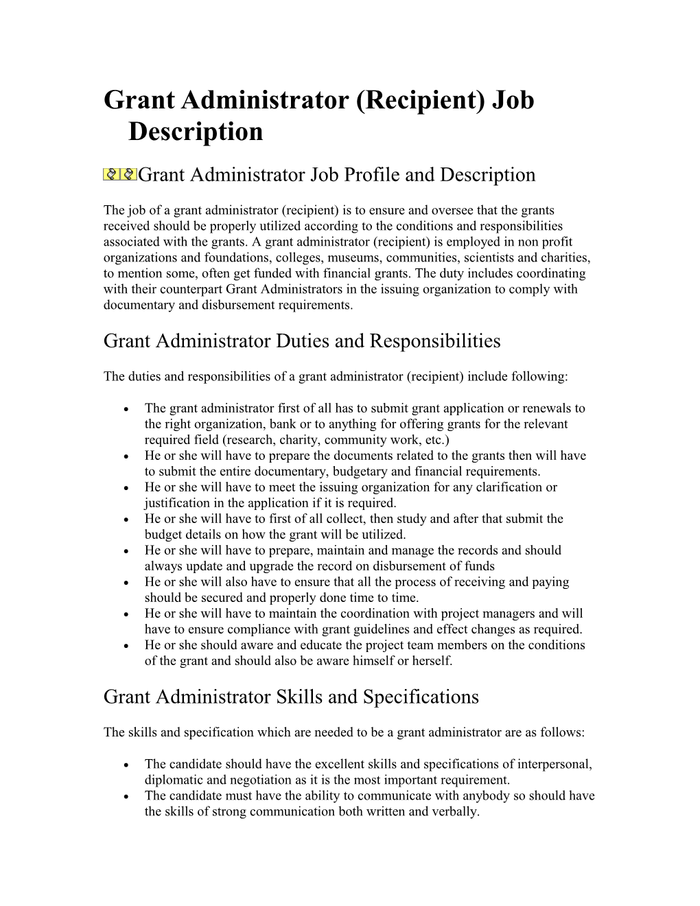 Grant Administrator (Recipient) Job Description