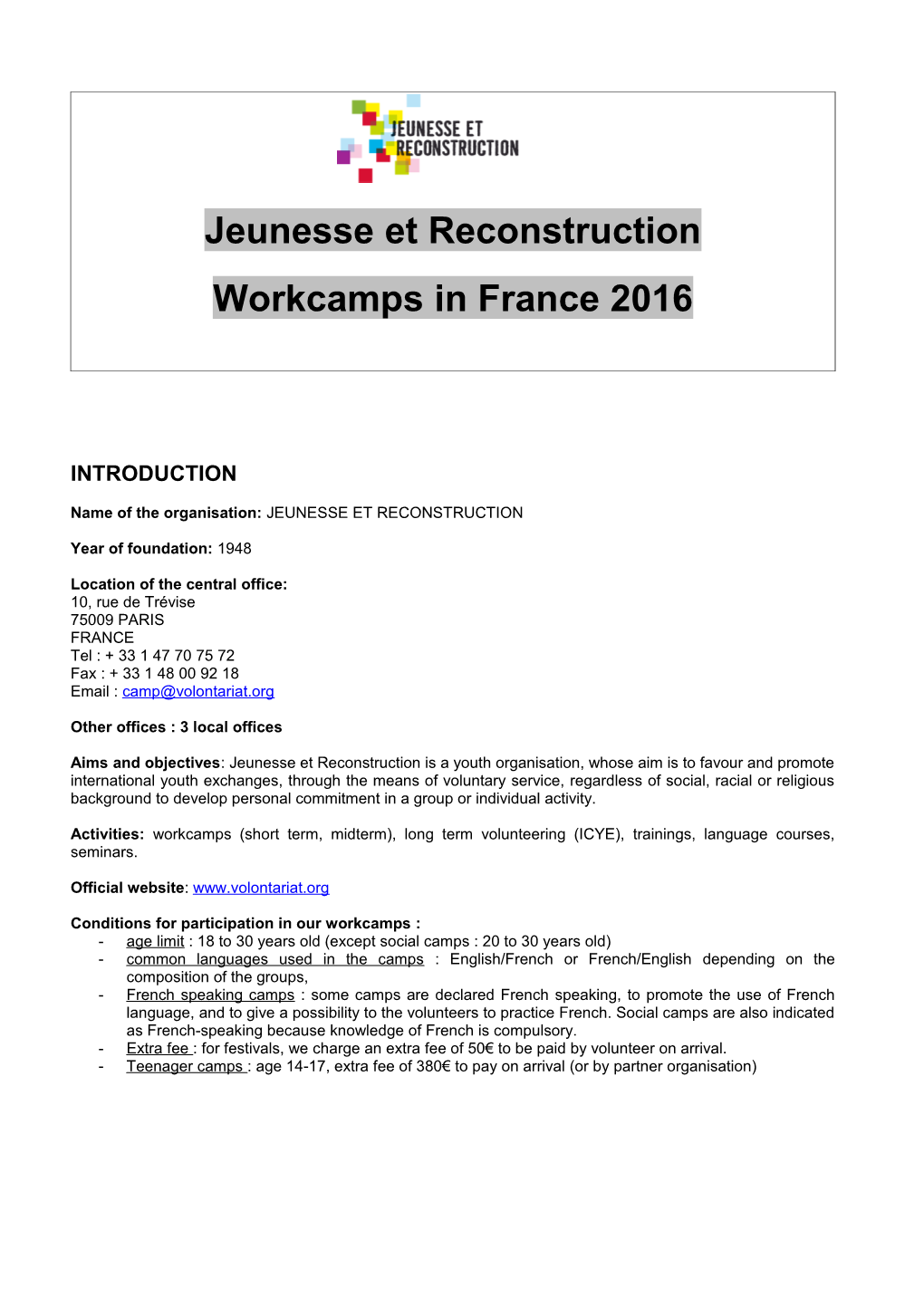 Jeunesse Et Reconstruction FRANCE CAMP LIST