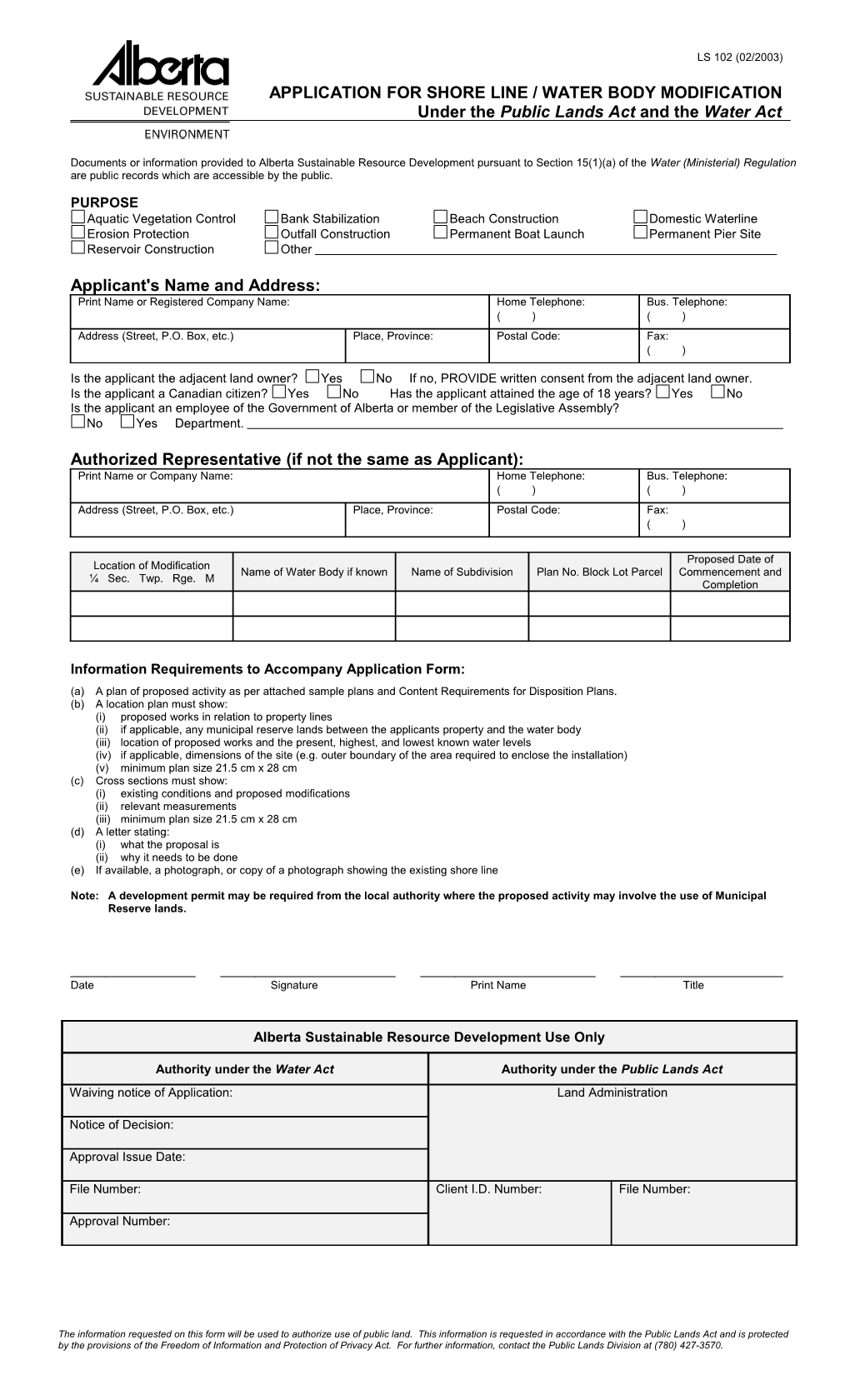 LS 102 Application for Shore Line/Water Body Modification