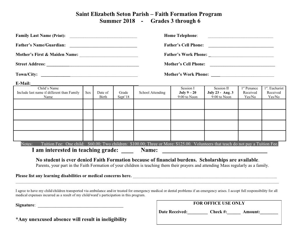 Saint Elizabeth Seton Parish Religious Education Program 2002-2003