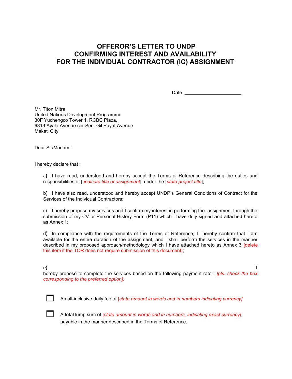 Template for Confirmation of Interest and Submission of Financial Proposal