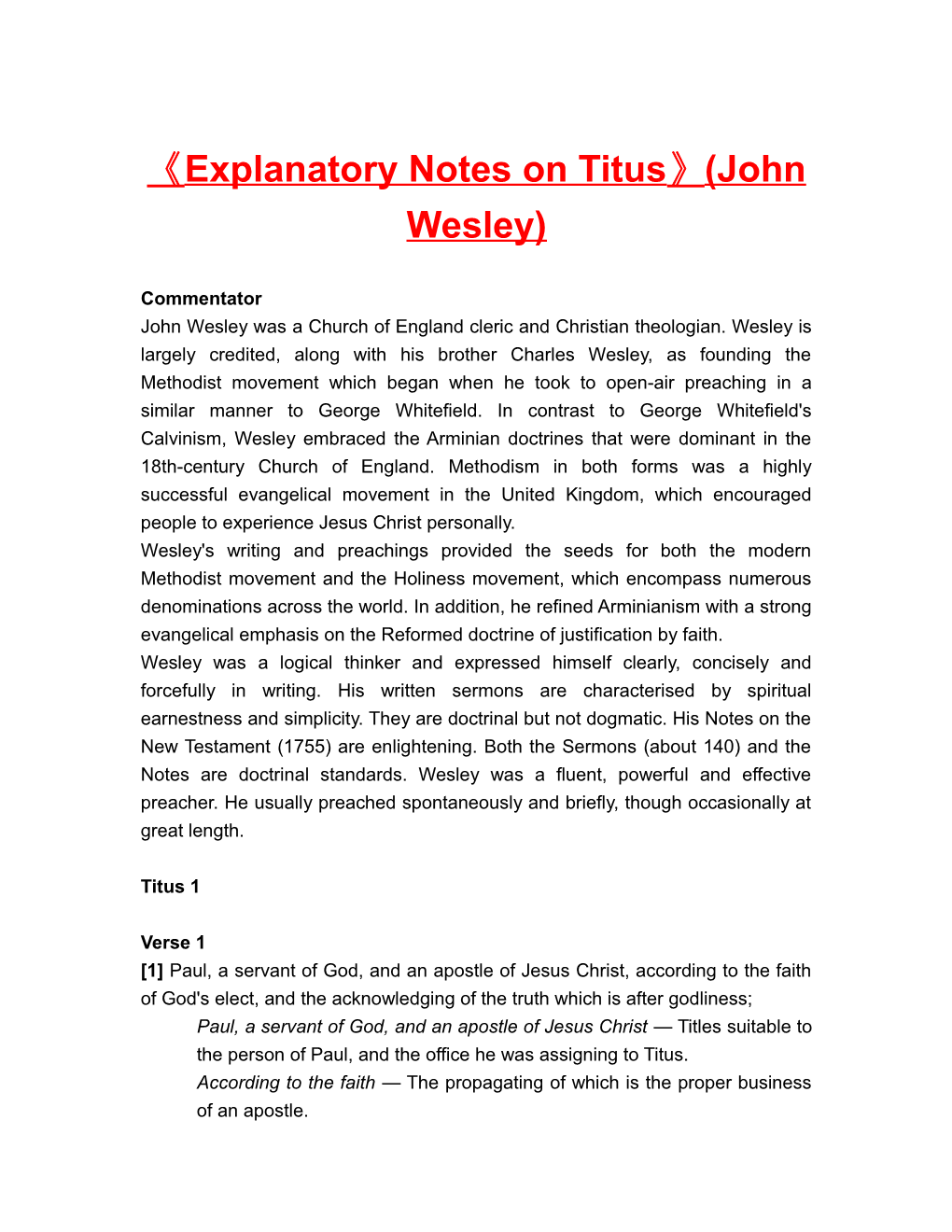 Explanatory Notes on Titus (John Wesley)