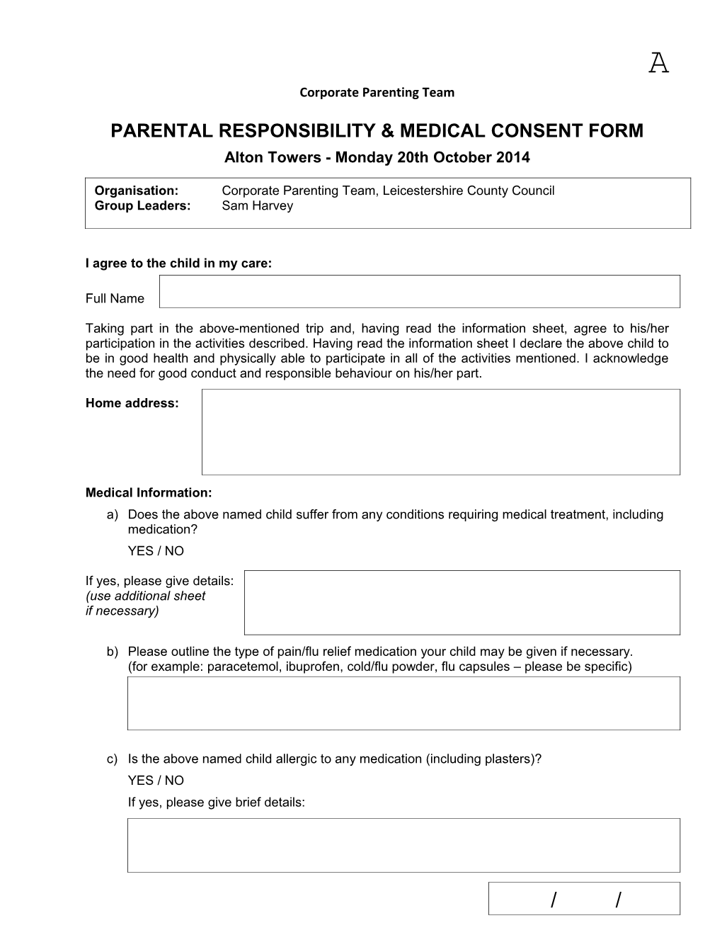 Parental Responsibility & Medical Consent Form