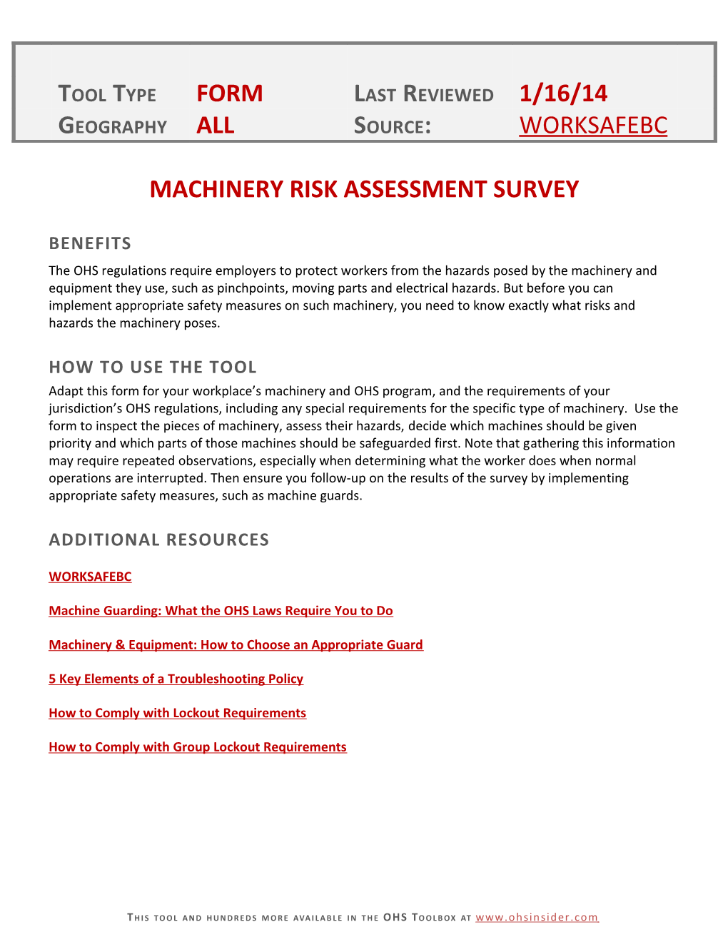 Machinery Risk Assessment Survey