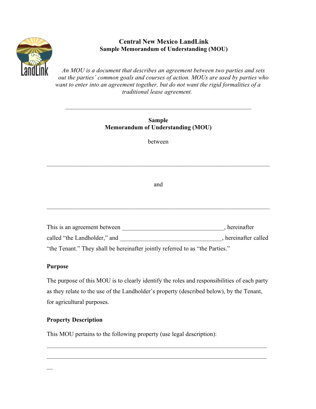 Sample Memorandum of Understanding (MOU)