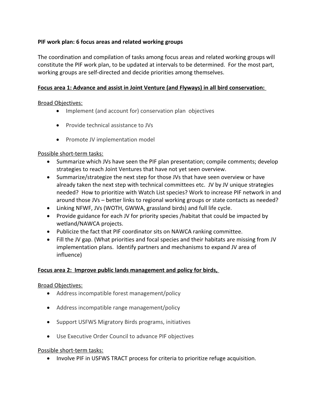 PIF Work Plan: 6 Focus Areas and Related Working Groups