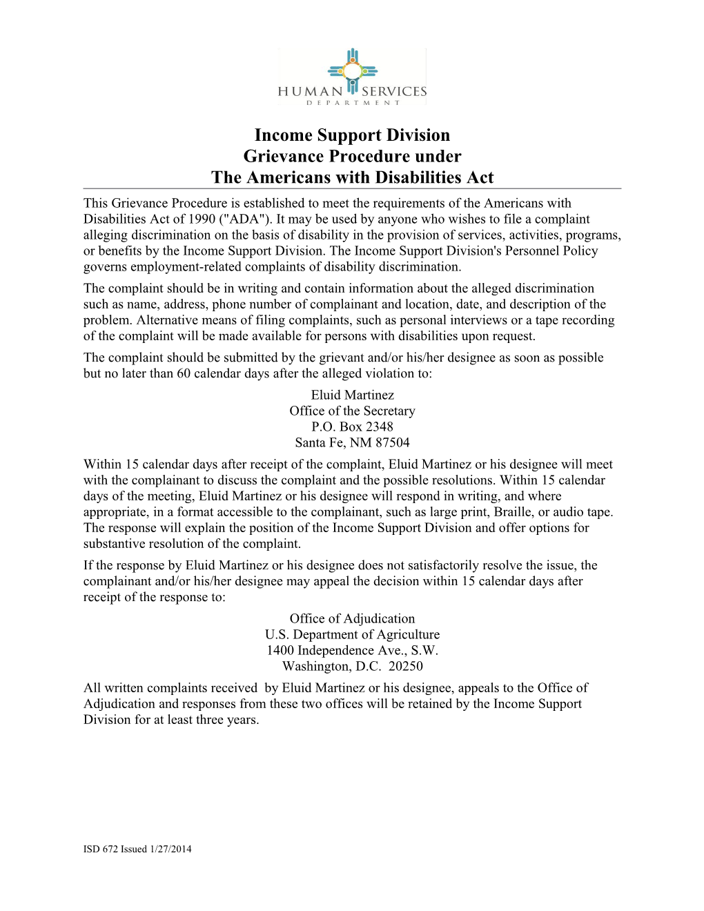 Income Support Division Grievance Procedure Under the Americans with Disabilities Act