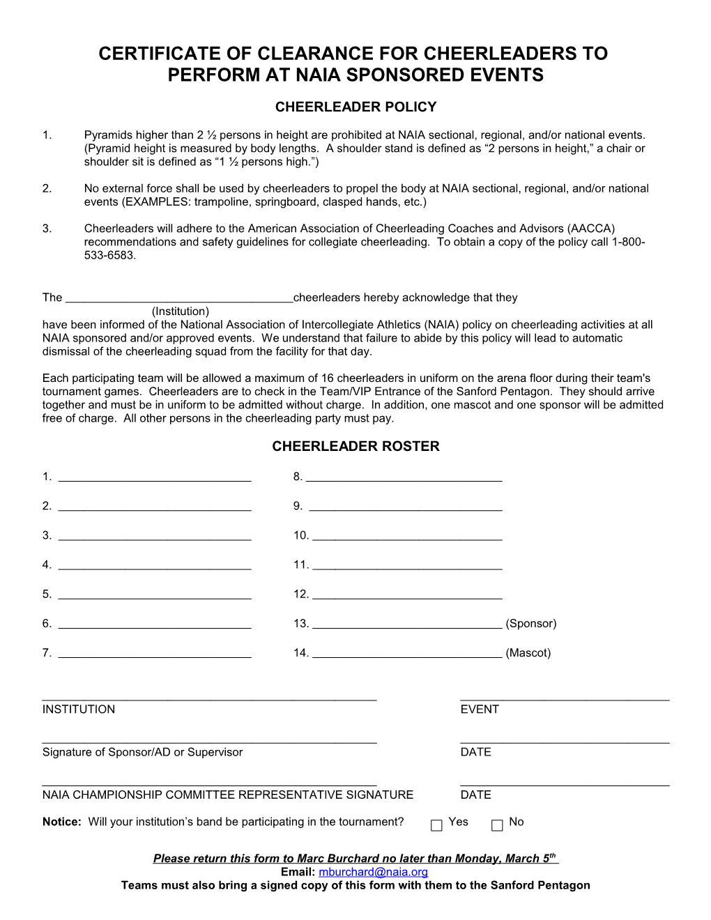 Certificate of Clearance for Cheerleaders To