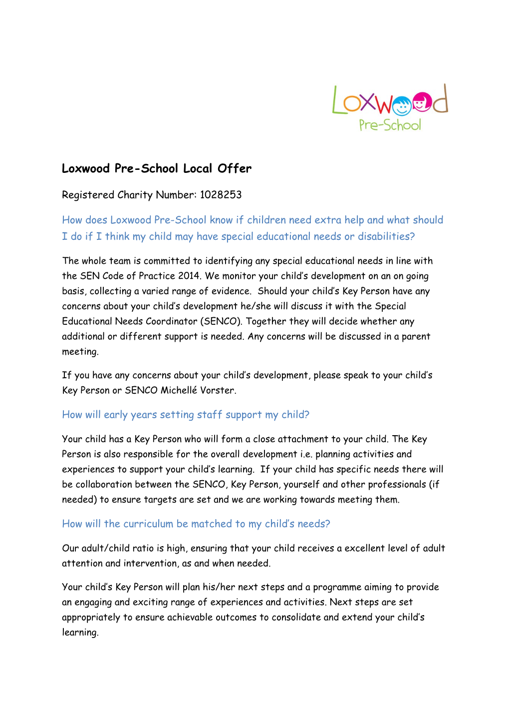 Loxwood Pre-School Local Offer