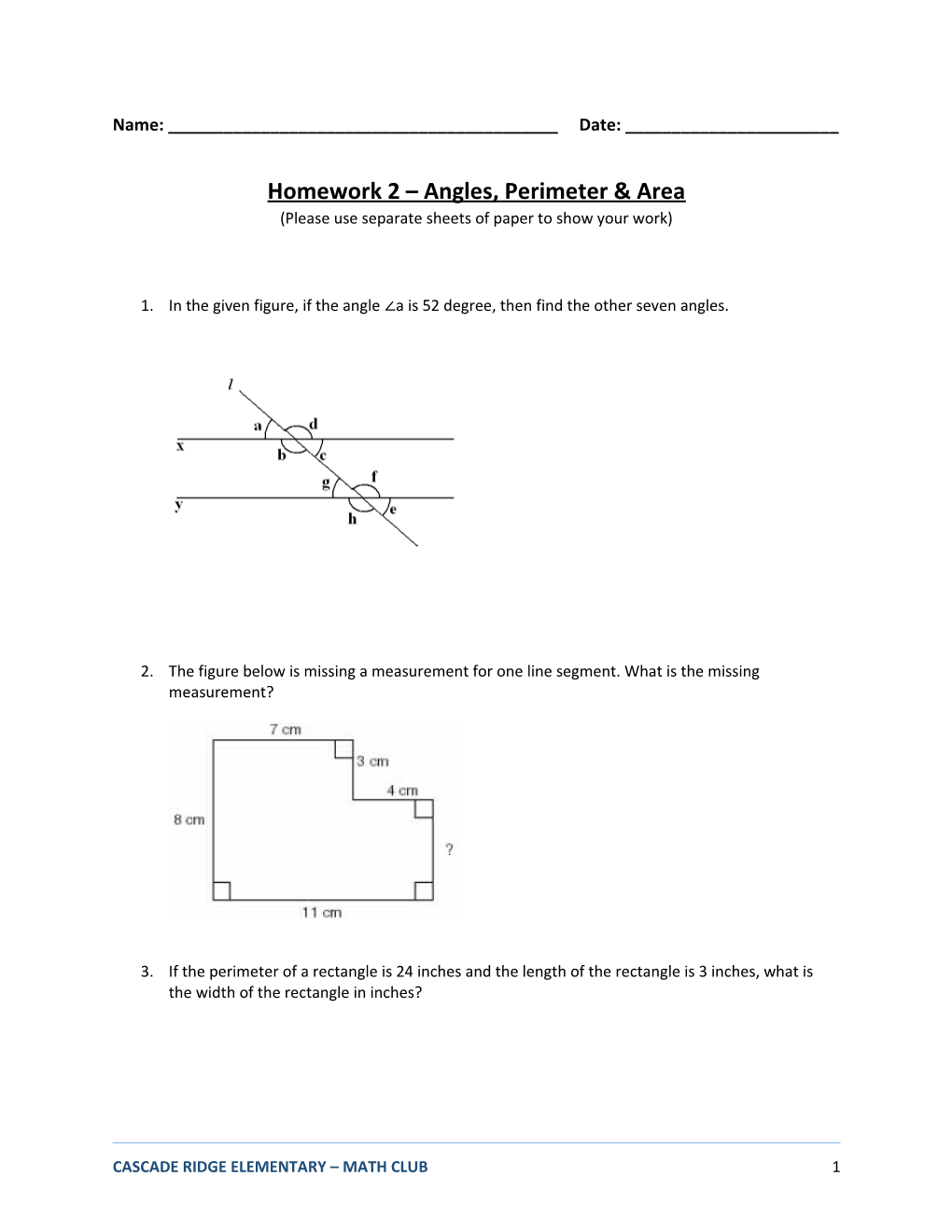 Homework 2 Angles, Perimeter & Area