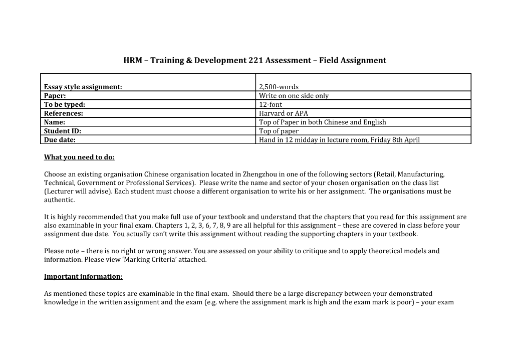 HRM Training & Development 221 Assessment Field Assignment