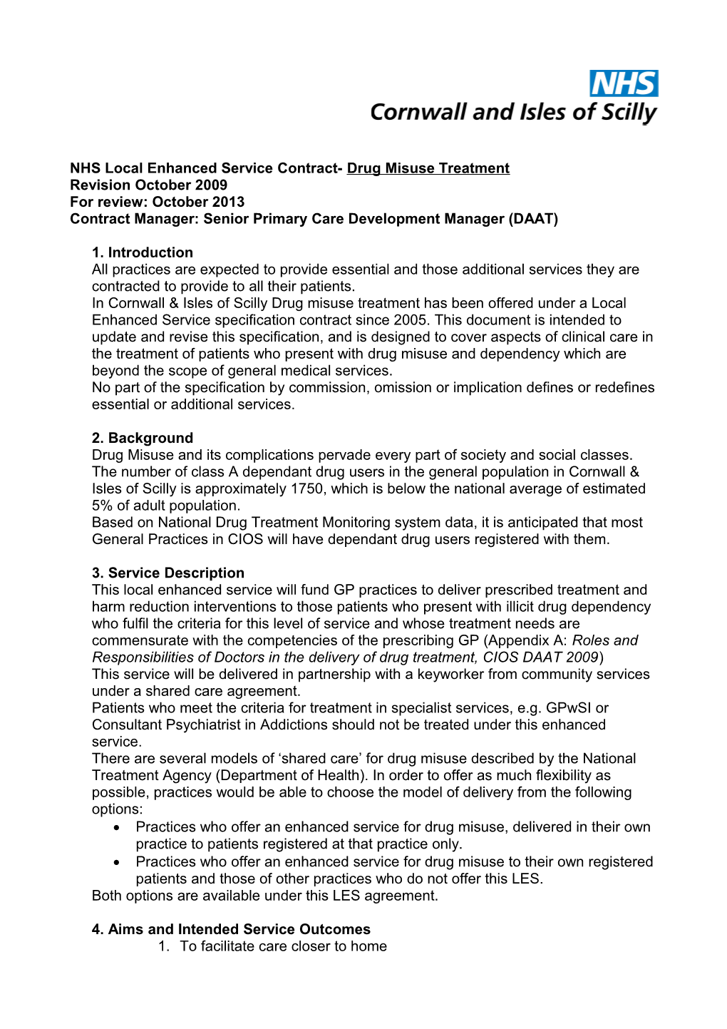NHS Local Enhanced Service Contract- Drug Misuse Treatment