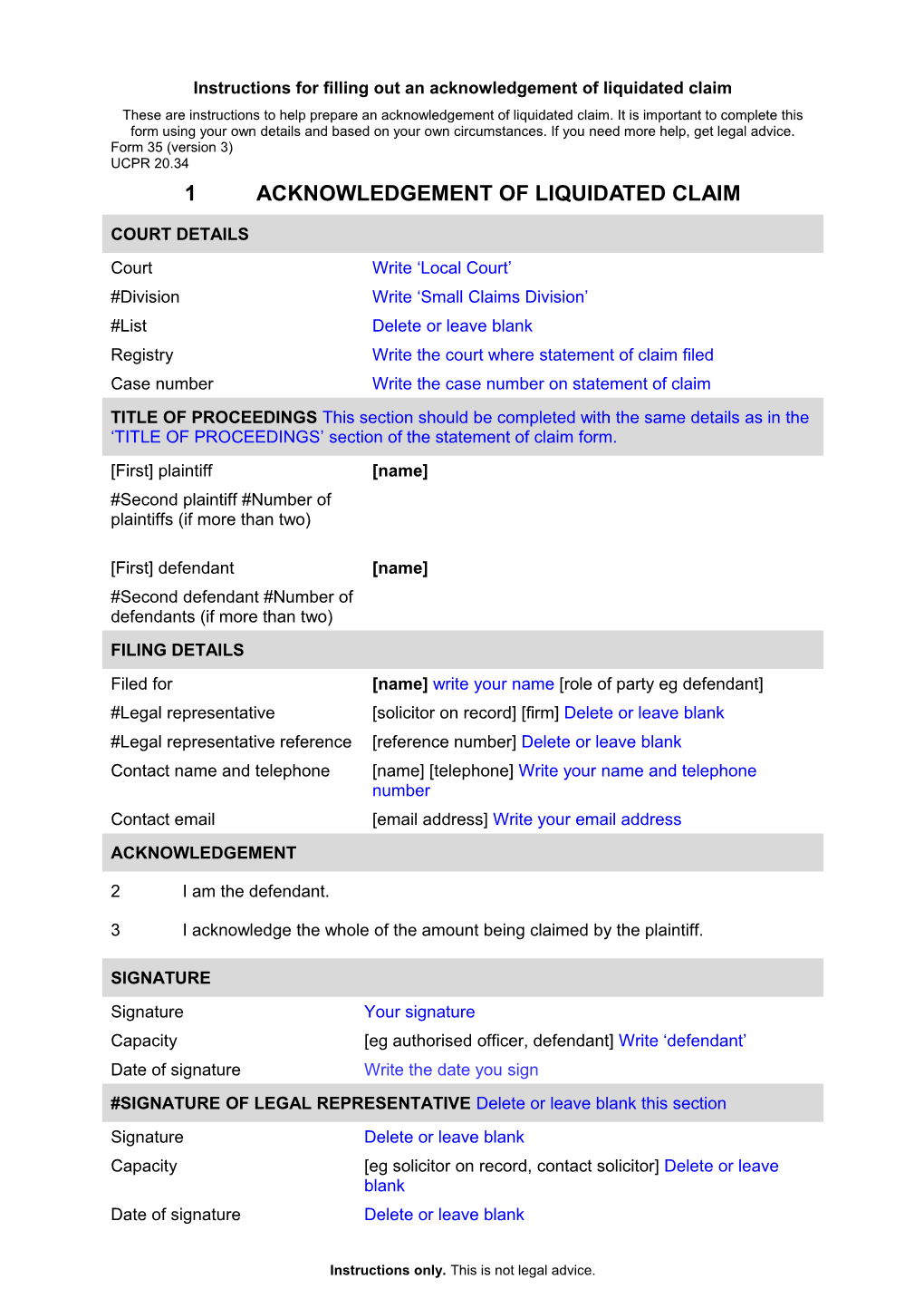 Form 35 - Acknowledgement of Liquidated Claim