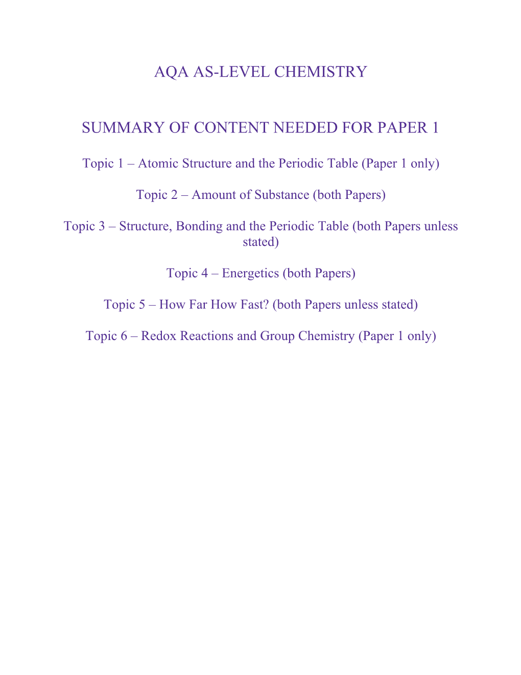 Summary of Content Needed for Paper 1