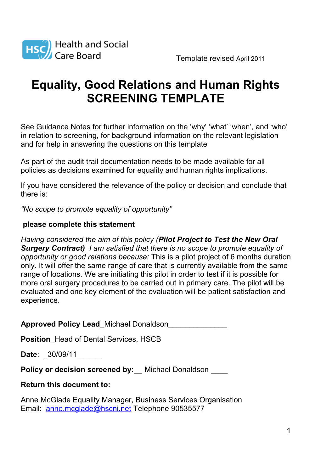 Equality, Good Relations and Human Rights SCREENING TEMPLATE