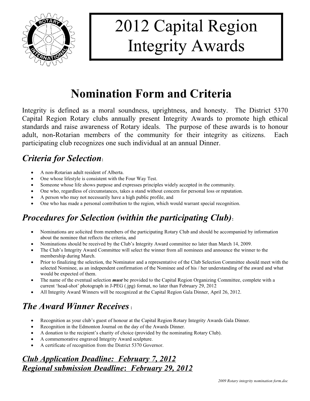 Nomination Form and Criteria