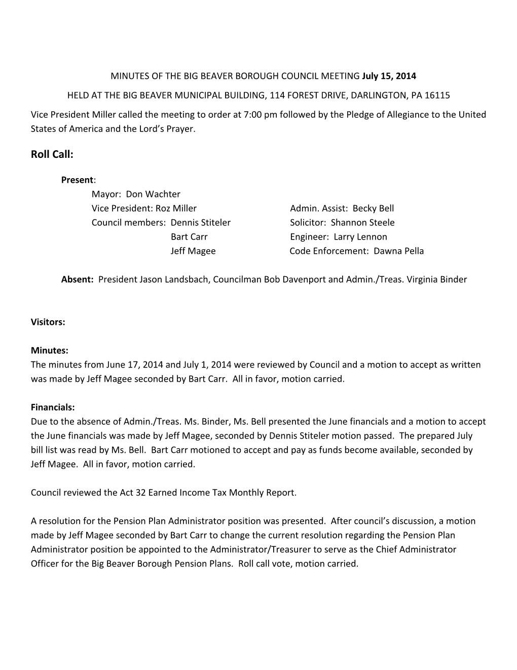 MINUTES of the BIG BEAVER BOROUGH COUNCIL Meetingjuly 15, 2014