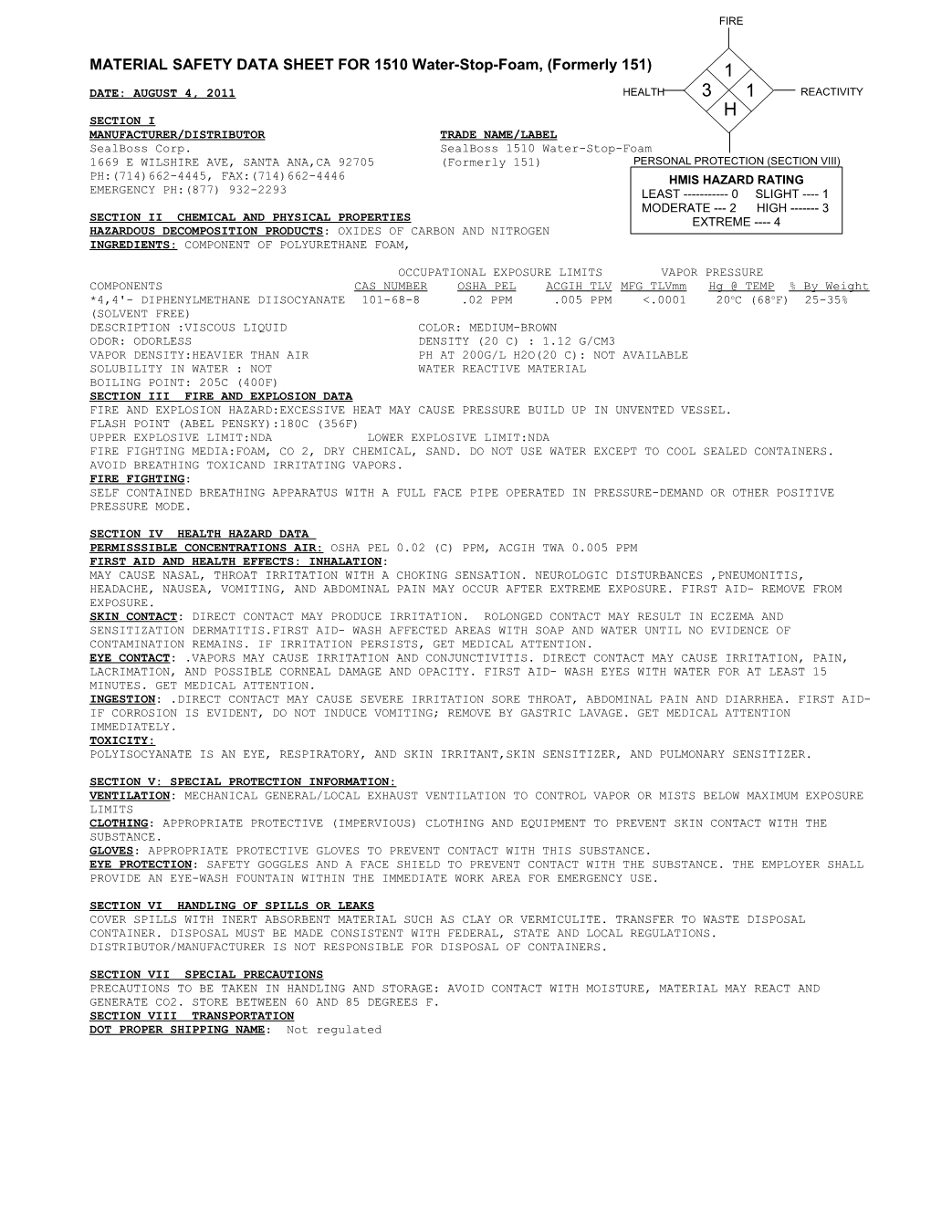 Material Safety Data Sheet for Webac 151