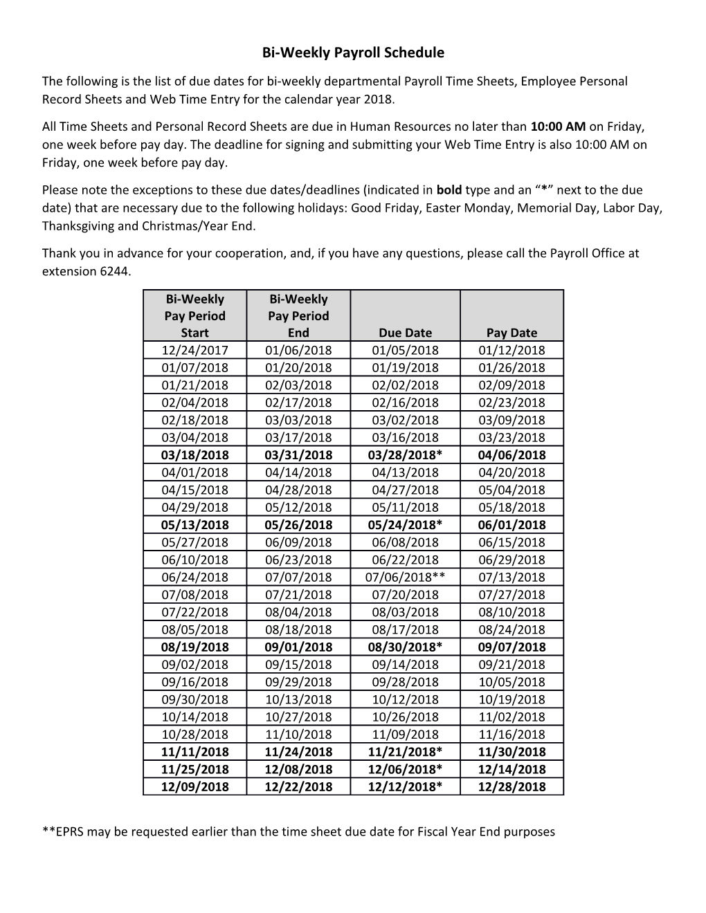 Bi-Weekly Payroll Schedule