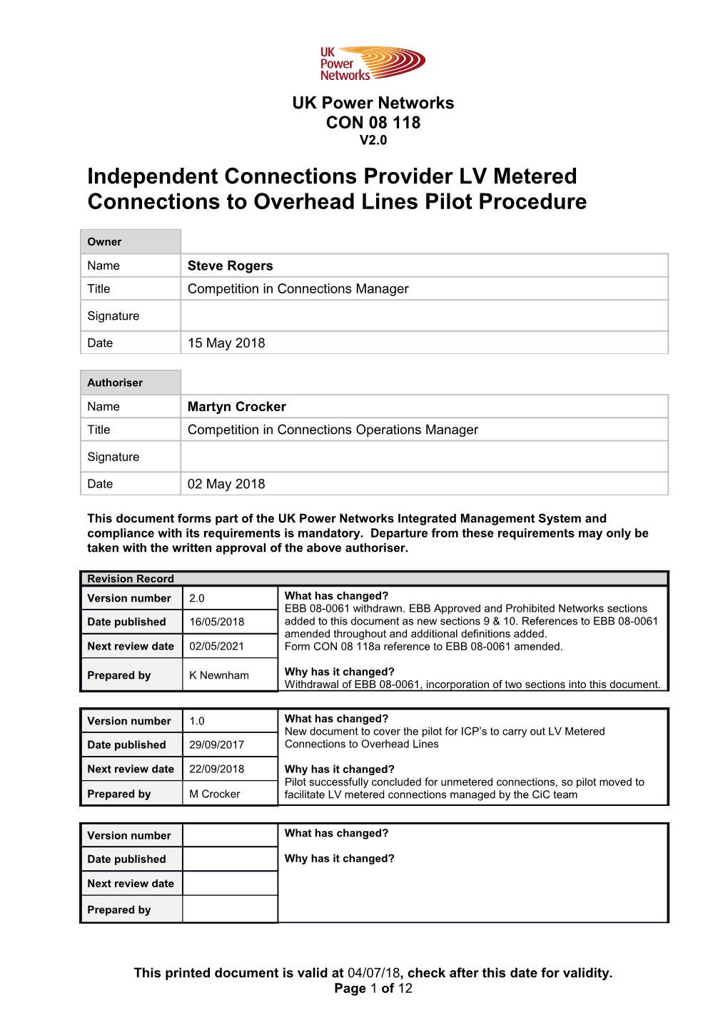 NOC 04 007 Independent Connections Provider (ICP) Unmetered Connections (UMC) to Overhead