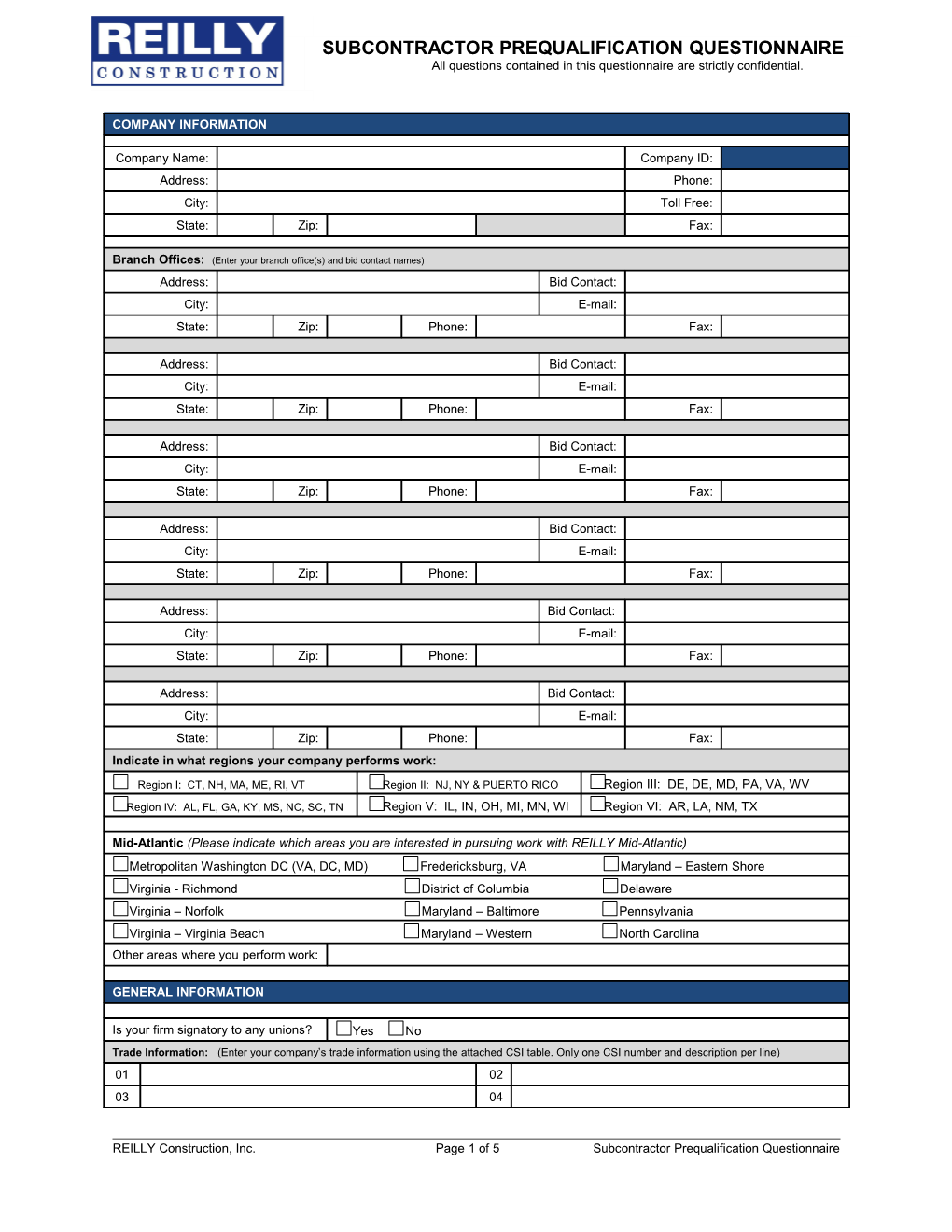 REILLY Construction, Inc. Page 2 of 5 Subcontractor Prequalification Questionnaire