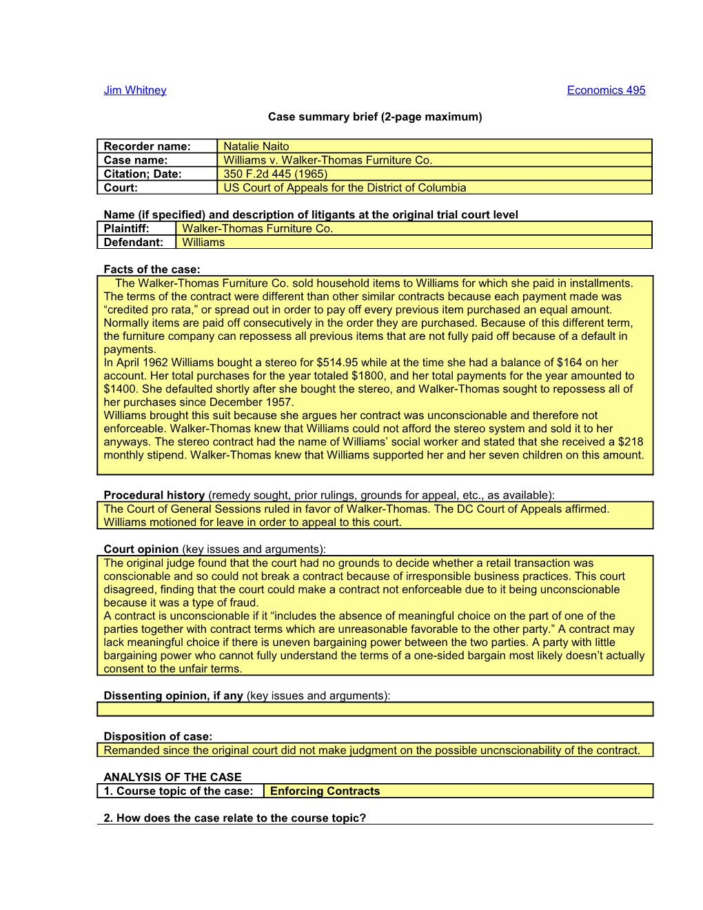 Case Summary Brief (2-Page Maximum)