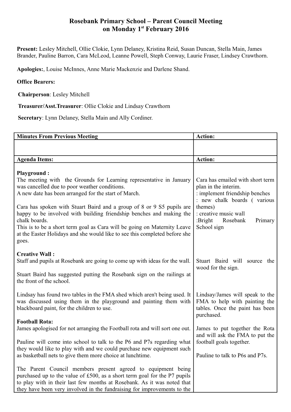 Rosebank Primary School Parent Council Meeting