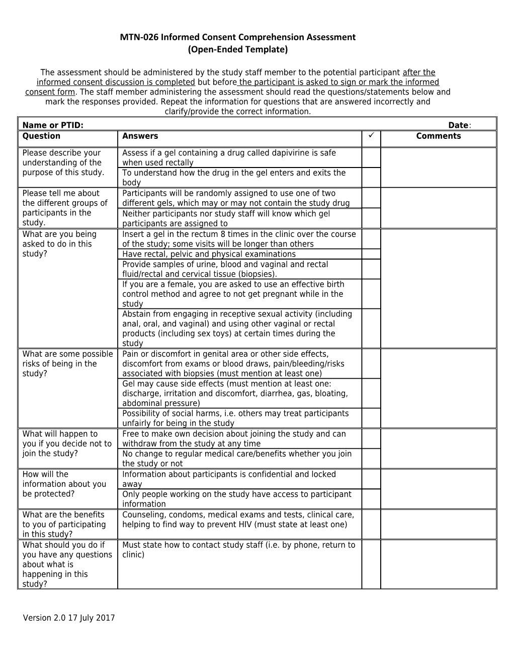 MTN-026 Informed Consent Comprehension Assessment